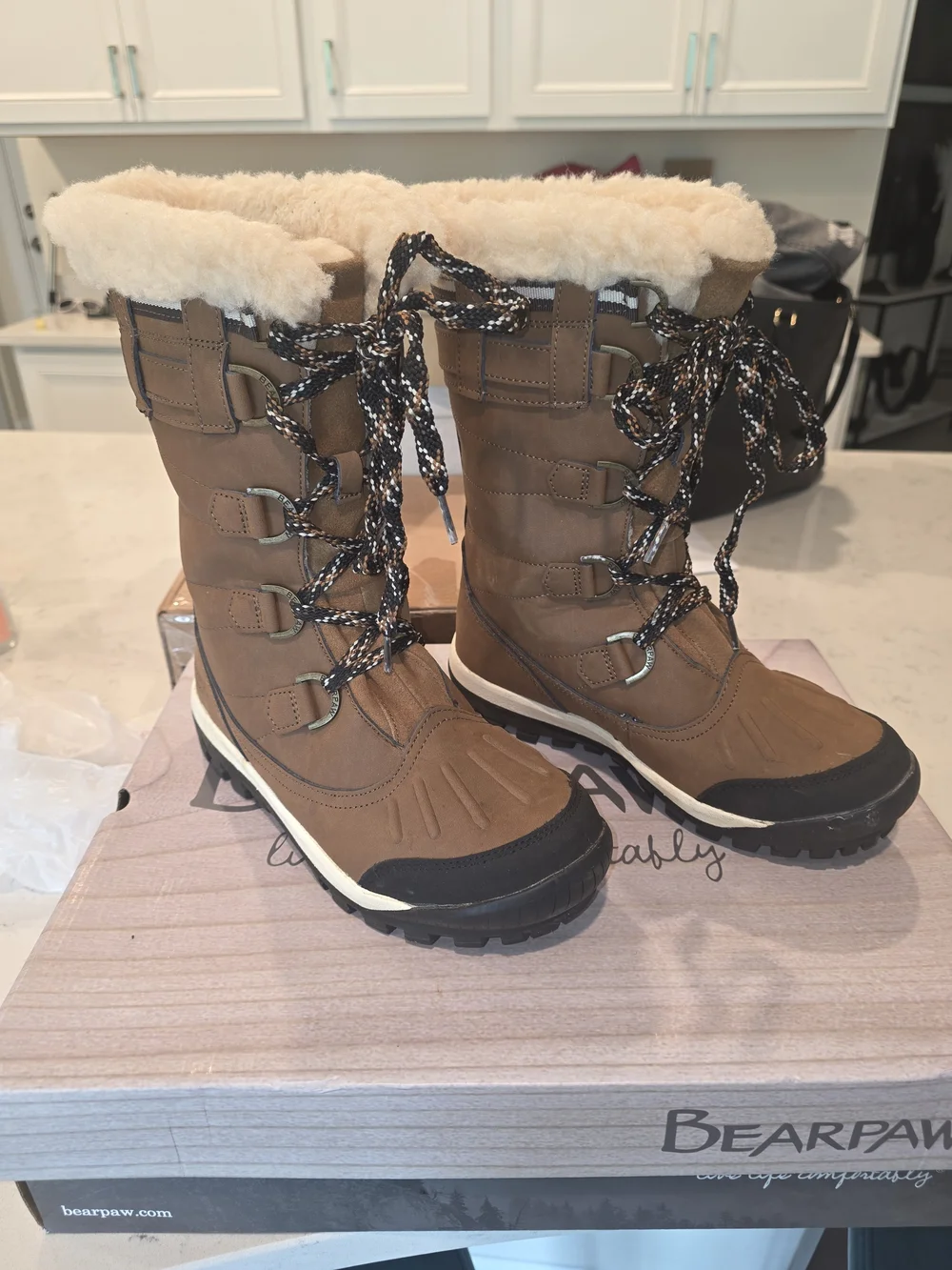 BearPaw Hickory Desdemona Waterproof Women's Boots in Brown and Cream